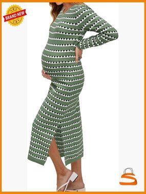 Maternity Long Sleeve Bodycon Midi Dress with Side Slit